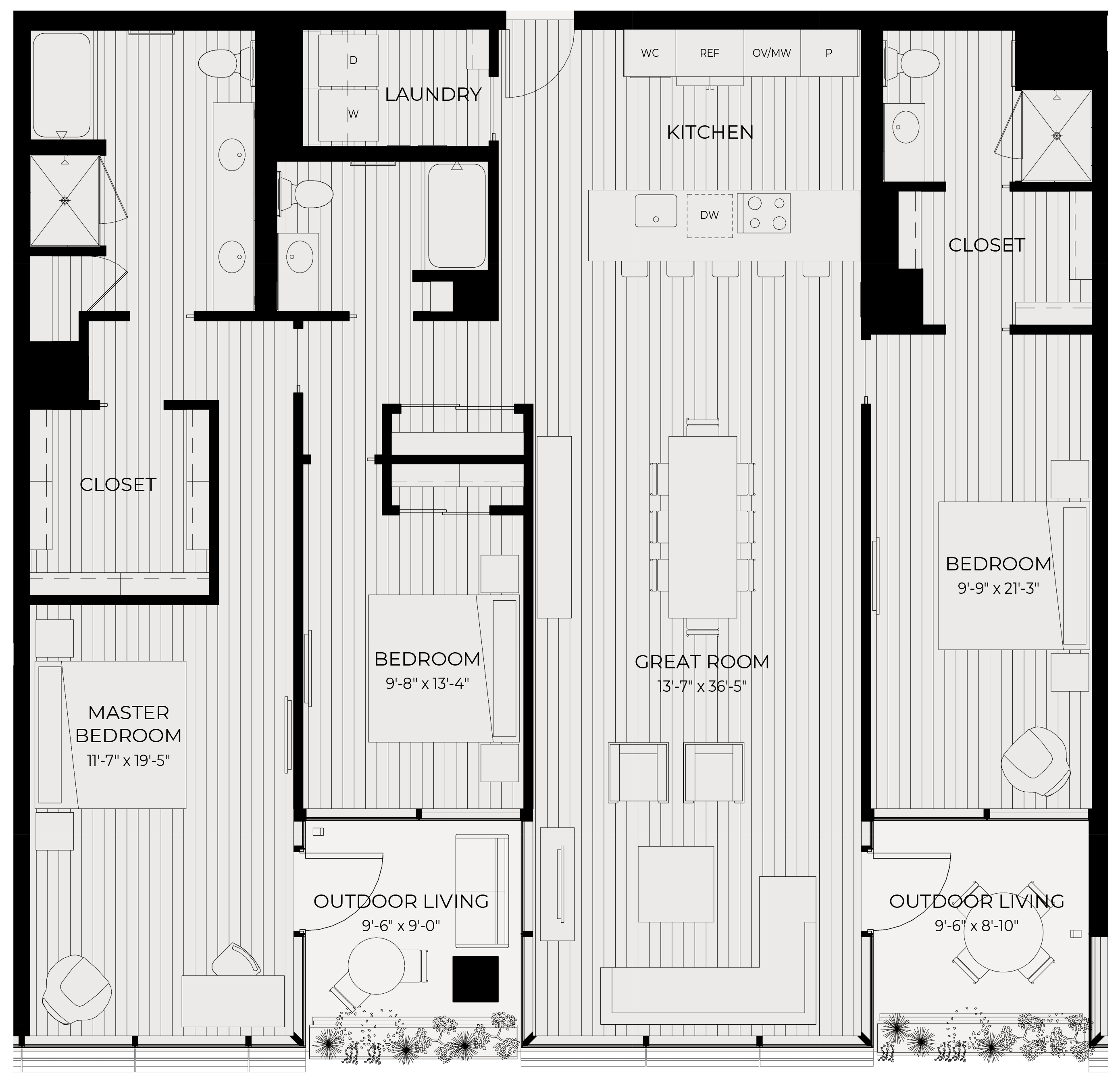 Floor plan for 3 beds, 3 baths, 1960 sqft